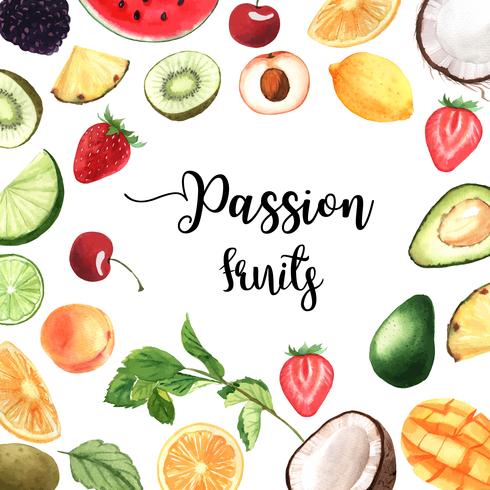 Tropisk frukt ram banner med text, passionfruit med kiwi, ananas, fruktig mönster, färsk och välsmakande, aquarelle isolerad vektor illustration