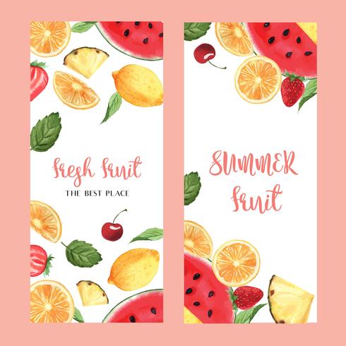 Tropisk frukt meny design, passionfruit sommar vattenmelon mango, jordgubbe, orange, fräsch och välsmakande ram, banner, kort design vektor illustration.
