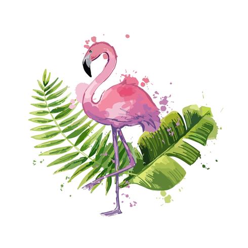 Vektor rosa flamingo med exotiska tropiska löv isolerade på en vit bakgrund.