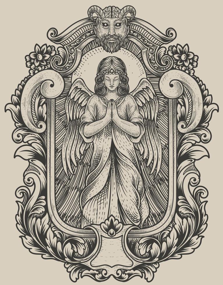 illustration ängel ber med vintage gravyr ram vektor