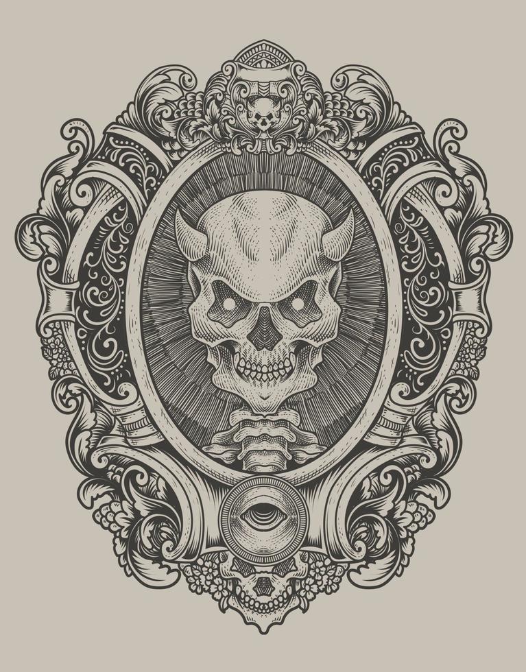 illustration demon skalle med gravyr prydnad stil vektor