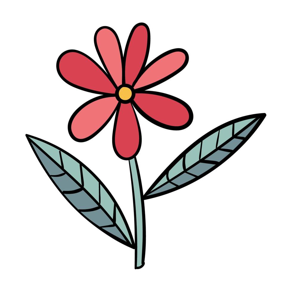 tecknad doodle blomma med blad isolerad på vit bakgrund. vektor