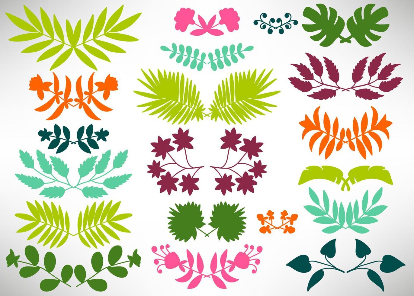 stor blommig uppsättning färgglada palmblad, blommor, buskar, grenar isolerade på vitt. samling av blomstrande element för design. vektor