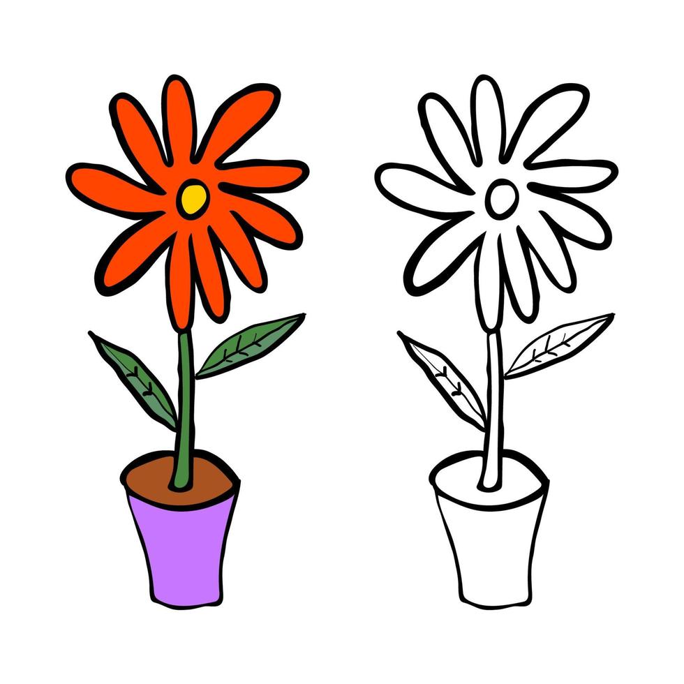 Cartoon-Doodle-Blume mit Blättern im Topf isoliert auf weißem Hintergrund. vektor