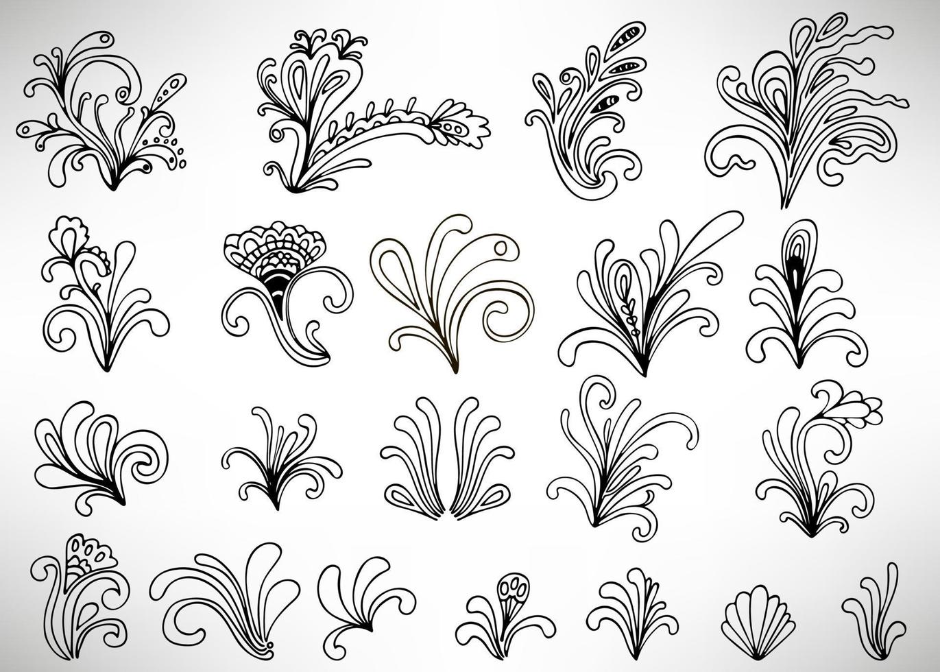Satz von schwarzen Doodle-Blumenelementen mit Blumen, Locken, Zweigen und Blättern isoliert auf weißem Hintergrund. Damastelemente, kalligraphische Formen. vektor