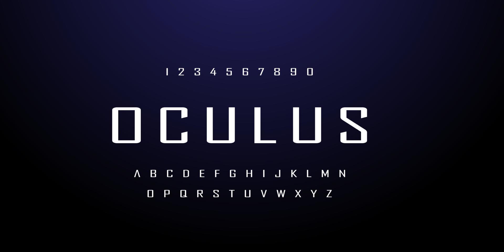 oculus, ett abstrakt teknologirymdtypsnitt och alfabet. techno effekt teckensnitt design. typografi digital sci-fi koncept. vektor illustration