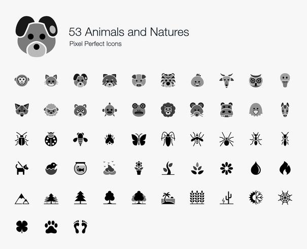 53 Djur och natur Pixel Perfect Ikoner. vektor