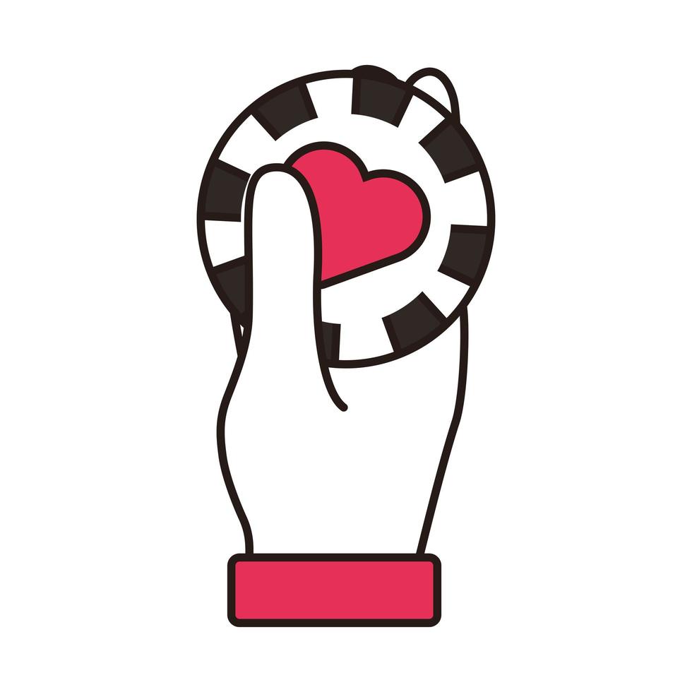 Hand, die Casino-Chip mit isoliertem Herzsymbol anhebt vektor