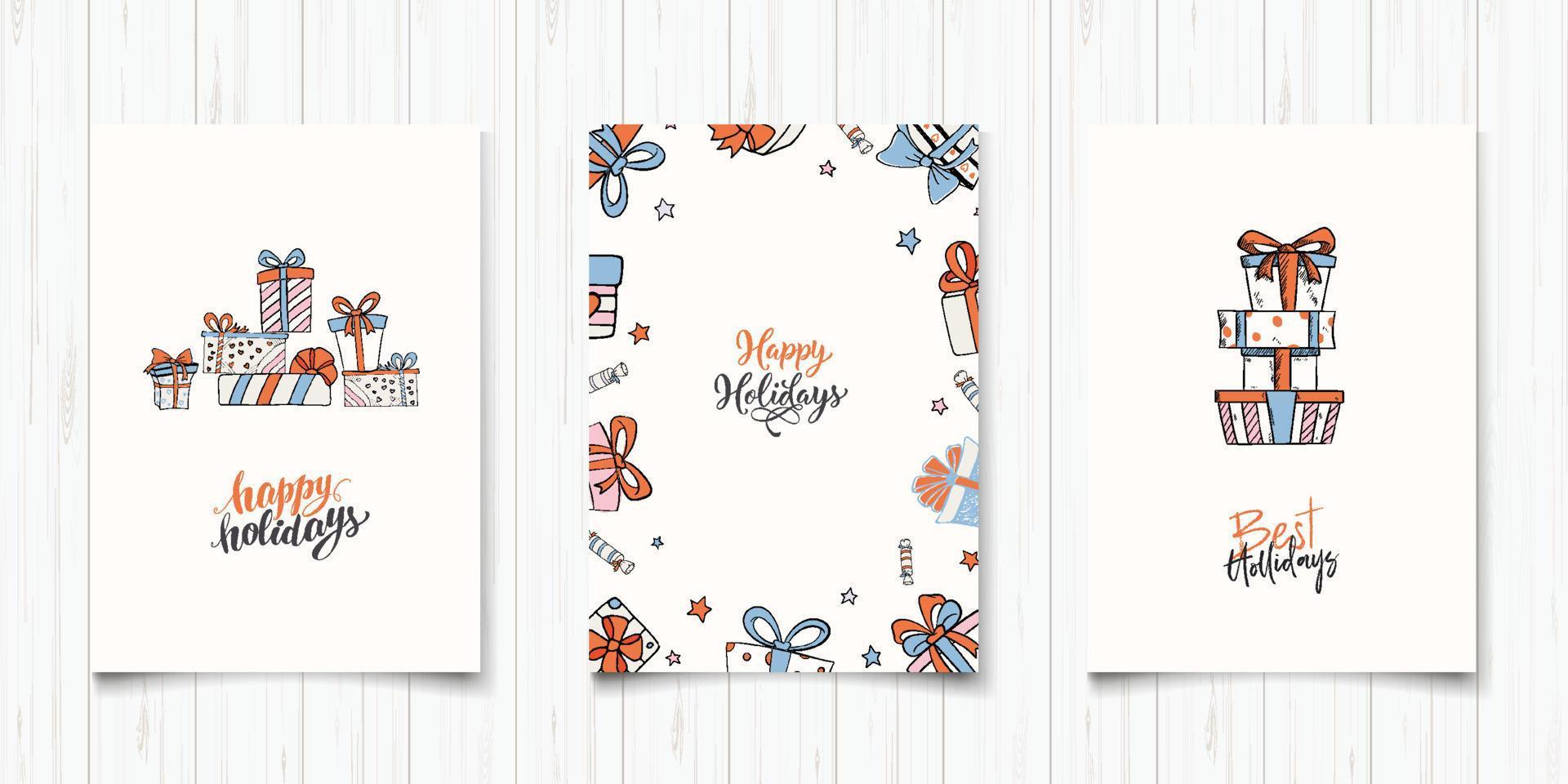 Doodle Happy Holiday Giftbox Set Karten. Entwurfsvorlage für Grußkarten. Kunst-Vektor-Grafik-Darstellung. abstrakter Vintage-Hintergrund. blaue orange Geschenkboxpostkarten. Banner, Poster, Grußkarten vektor