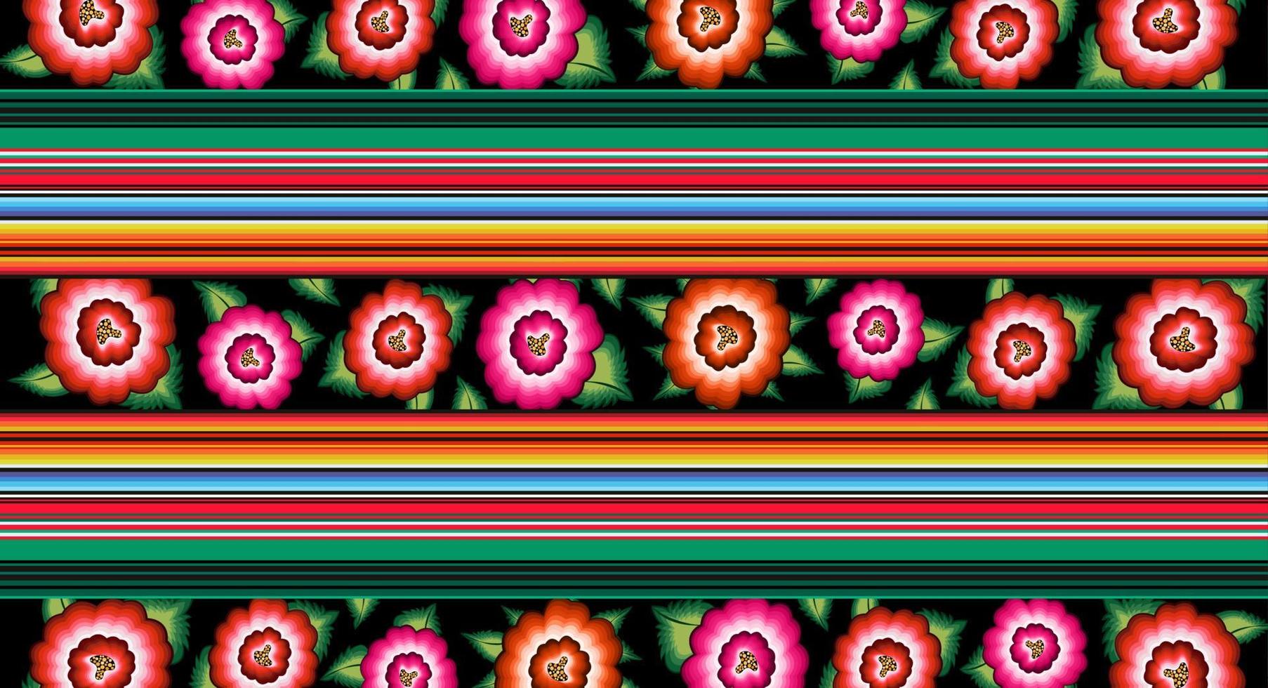 banner mexikanska blommor broderimönster, etniska färgglada inhemska blommor folkmodedesign. broderad traditionell textil stil i Mexiko, vektor isolerad på randig bakgrund