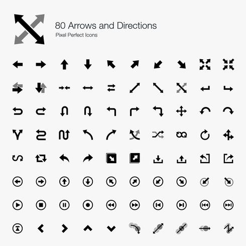 80 Pfeile und Richtungen Pixel-Perfect-Icons. vektor