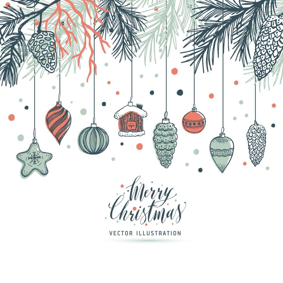 handgezeichneter Weihnachtspelzbaum mit Kugeln, Spielzeug und Tannenzapfen, für Weihnachtsdesign. Vektor-Illustration auf weißem Hintergrund. vektor