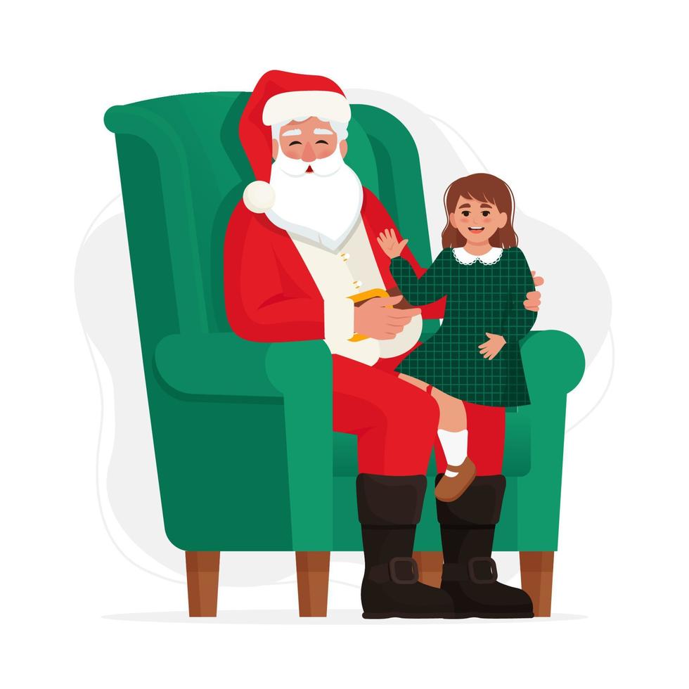 jultomten med ett barn, sittande i en stol. vektor illustration i platt stil, isolerad på en vit bakgrund