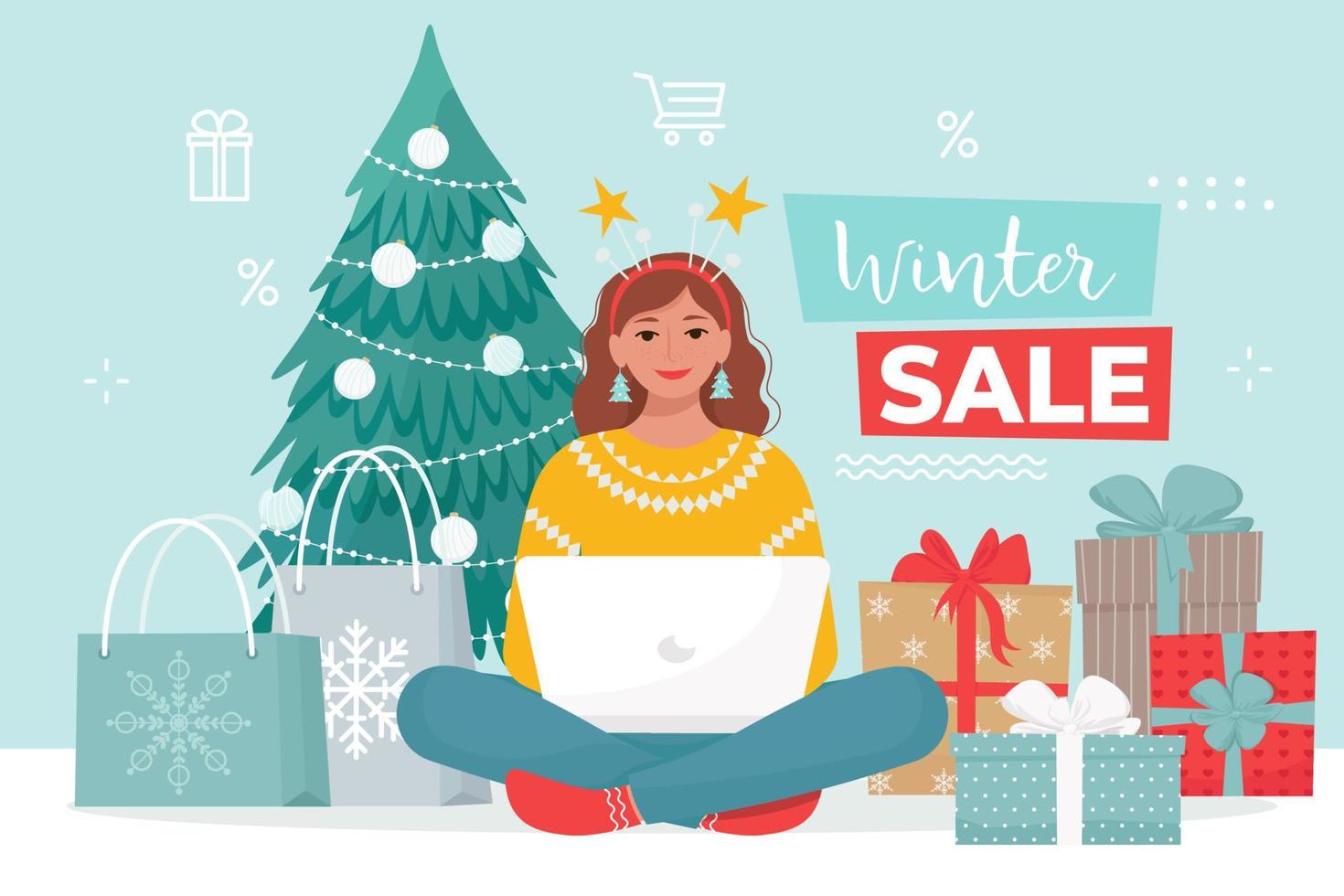 Frau in Weihnachtskleidung kauft Waren im Online-Shop von zu Hause aus. Winterschlussverkauf-Banner. Vektorillustration im flachen Stil vektor