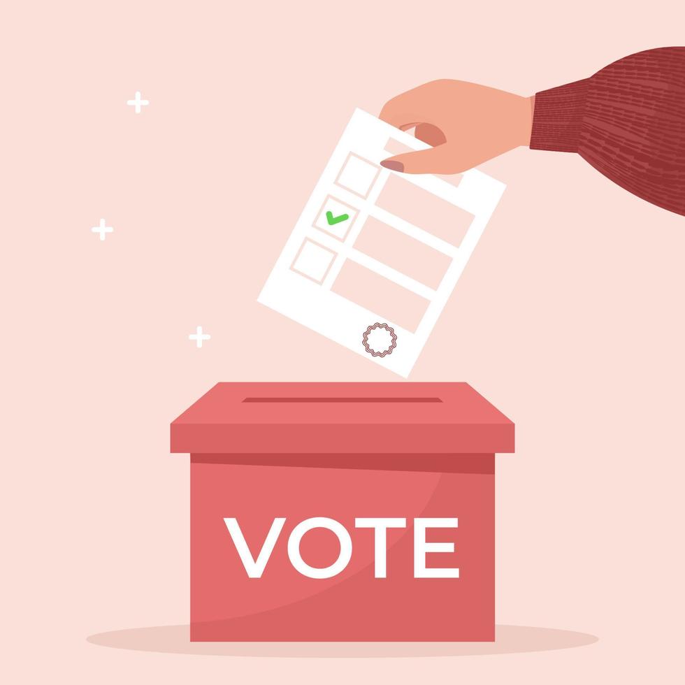 Womans Hand legt einen Stimmzettel in eine Wahlurne. Wahlkonzept. flache Design-Vektor-Illustration vektor