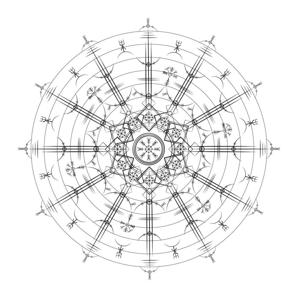 magischer alter Wikinger-Art-Deco, vegvisir magischer Navigationskompass altertümlich. Mandala-Wikinger verwendeten viele Symbole in Übereinstimmung mit der nordischen Mythologie, die in der Wikingergesellschaft weit verbreitet sind. Logo-Symbol esoterisches Zeichen vektor