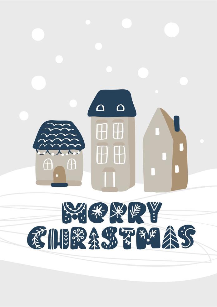 frohe weihnachten vektor kalligraphische beschriftung text skandinavische hand gezeichnete illustration winter schneebedecktes dorf mit häusern. Grußkarte für Weihnachten und ein frohes neues Jahr