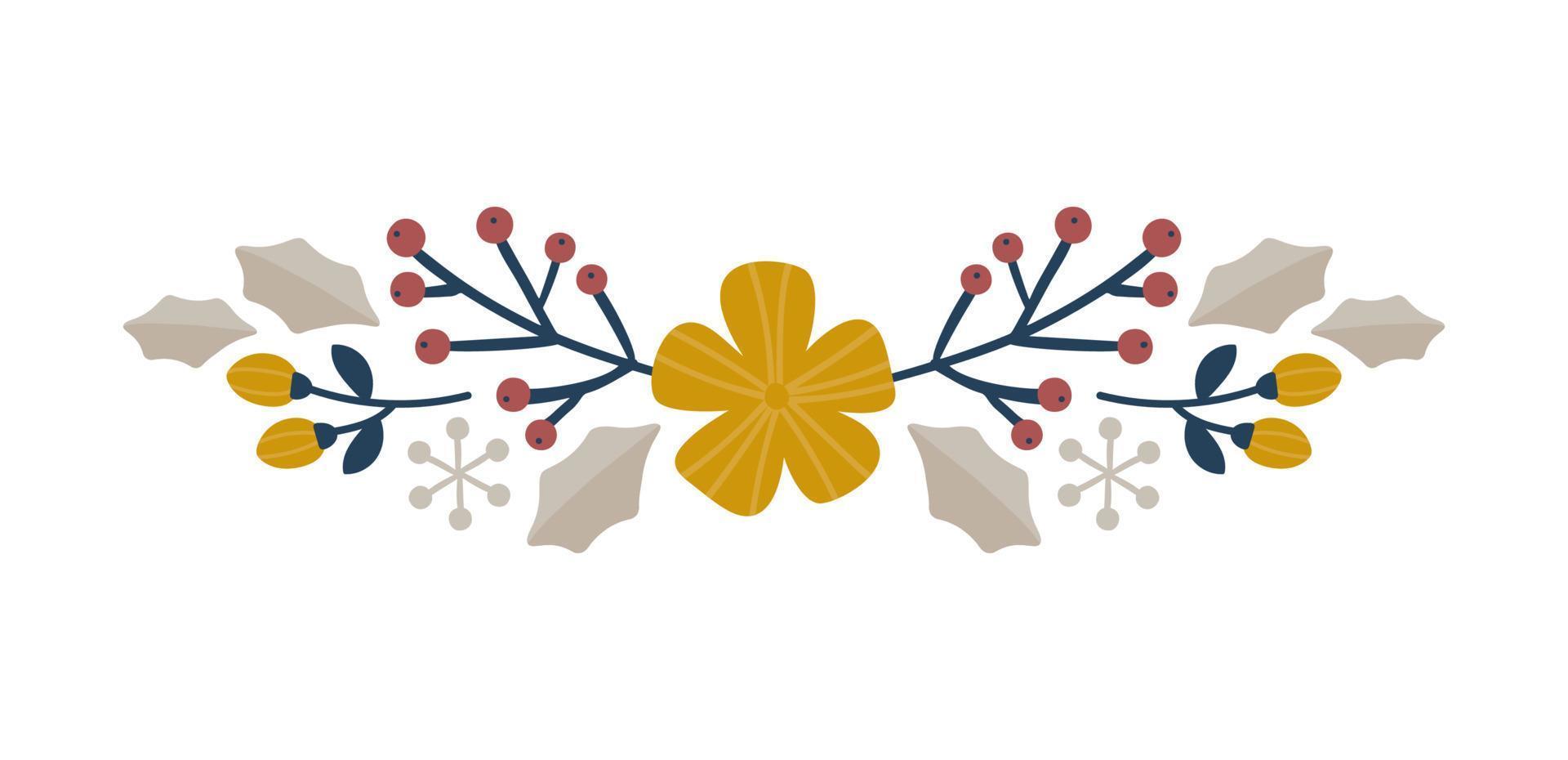 jul handritad gren och blomma vektor gränsavdelare. designelement dekoration krans och helgdagar symbol med blommor och bär skandinaviska grenar