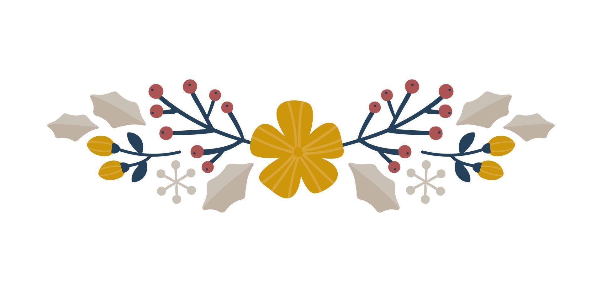 Weihnachten handgezeichneter Zweig und Blumenvektor Grenzteiler. Designelemente Dekoration Kranz und Feiertage Symbol mit Blumen und Beeren skandinavischen Zweigen vektor