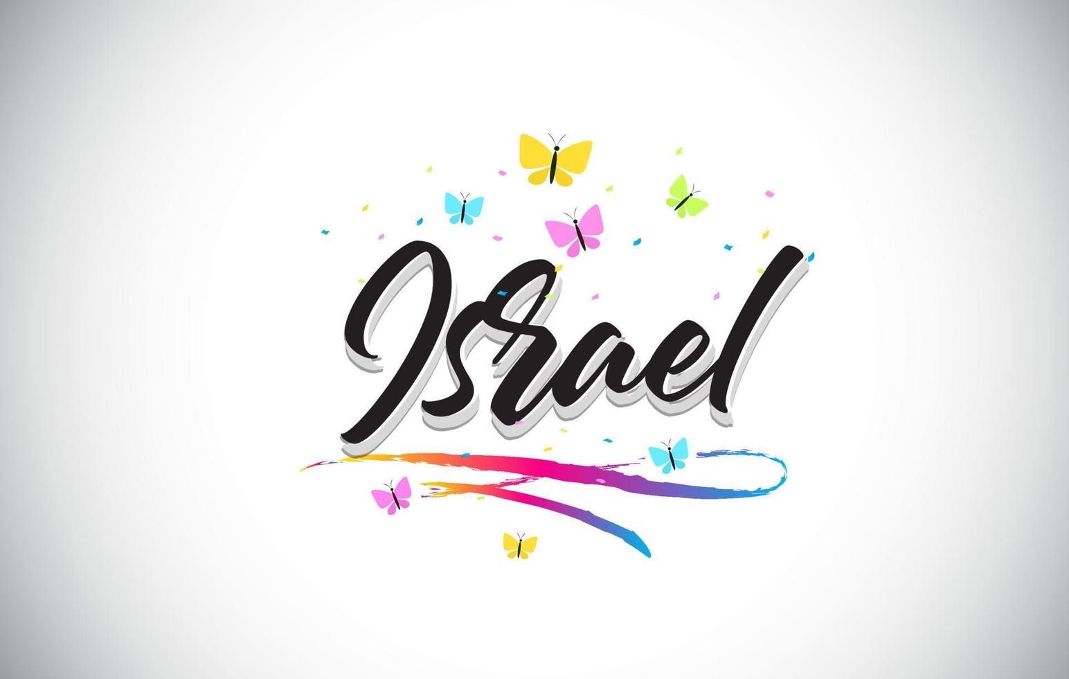 Israel handskriven vektorordtext med fjärilar och färgglada swoosh. vektor
