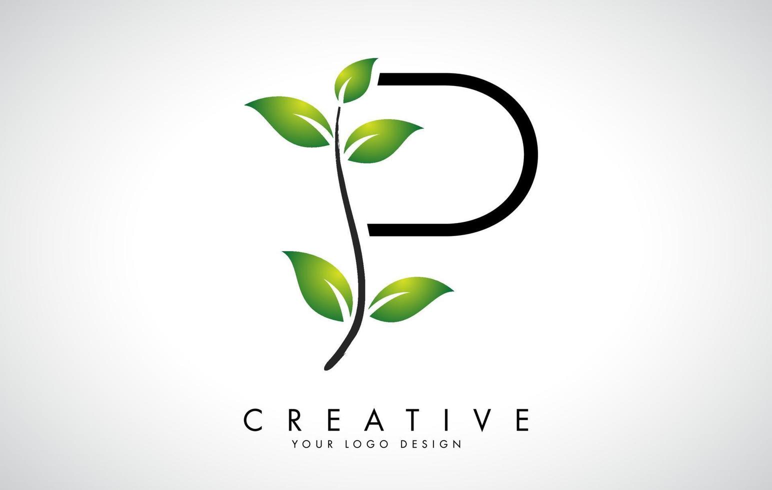 Blattbuchstabe p-Logo-Design mit grünen Blättern auf einem Ast. Buchstabe p mit Naturkonzept. vektor