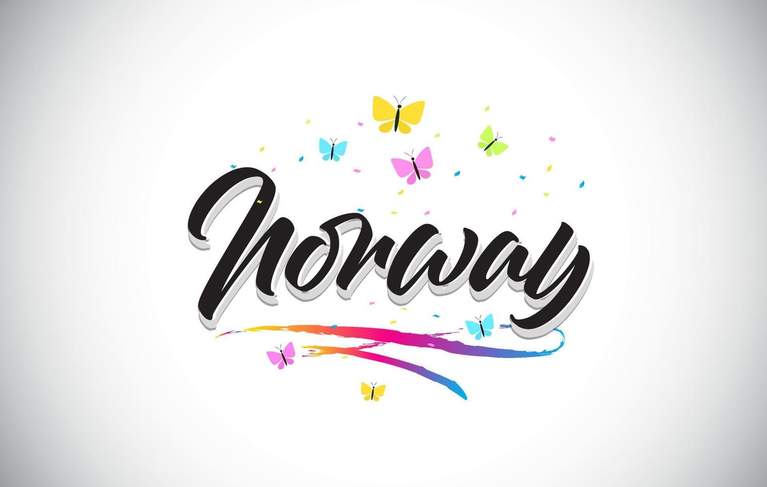 Norwegen handgeschriebener Vektorworttext mit Schmetterlingen und buntem Swoosh. vektor