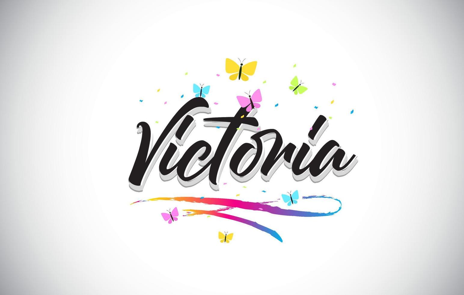 Victoria handgeschriebener Vektorworttext mit Schmetterlingen und buntem Swoosh. vektor