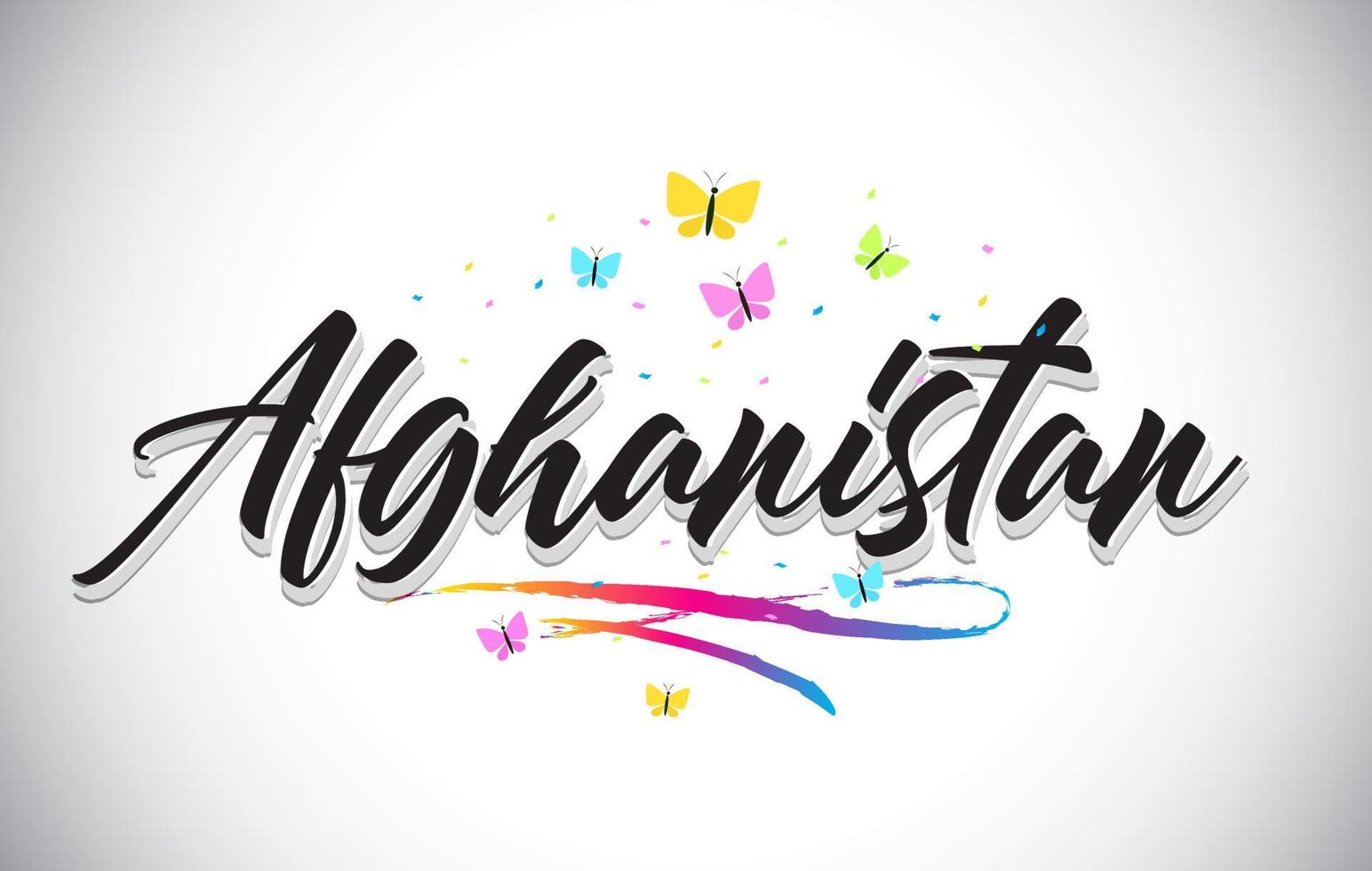 afghanistan handskriven vektor ordtext med fjärilar och färgglada swoosh.