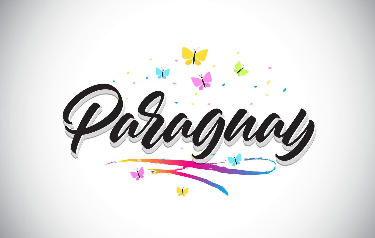paraguay handskriven vektor ordtext med fjärilar och färgglada swoosh.