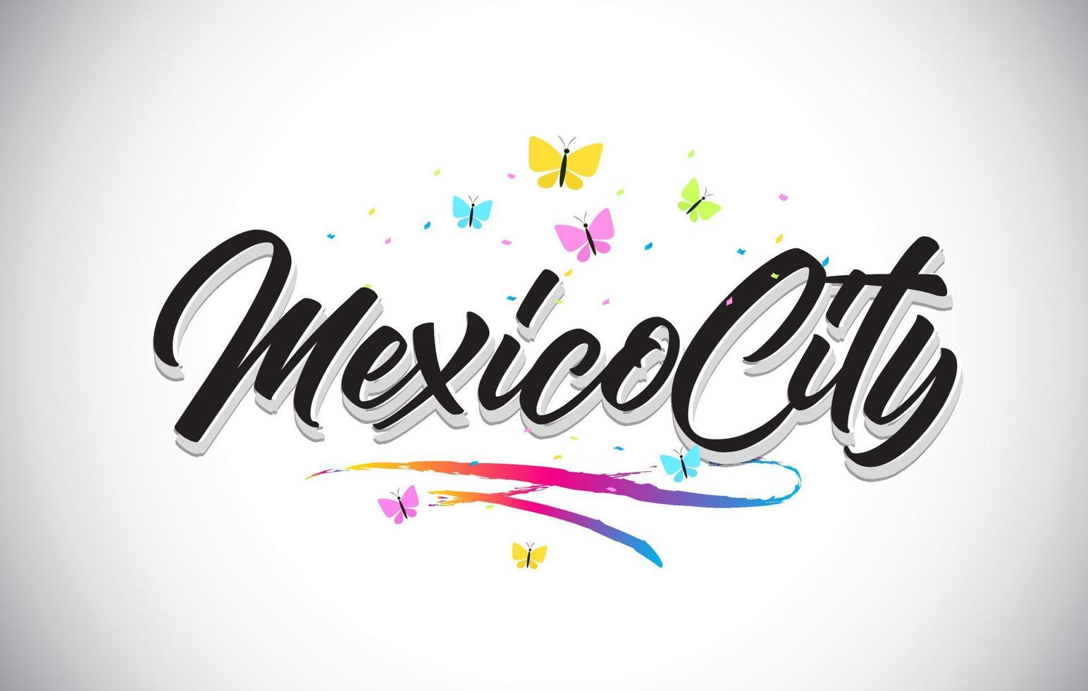 Mexiko handgeschriebener Vektorworttext mit Schmetterlingen und buntem Swoosh. vektor