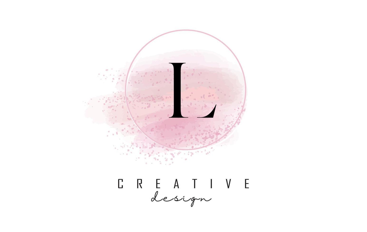 l-Brief-Logo-Design mit glitzernden runden Rahmen und rosa Aquarellhintergrund. vektor