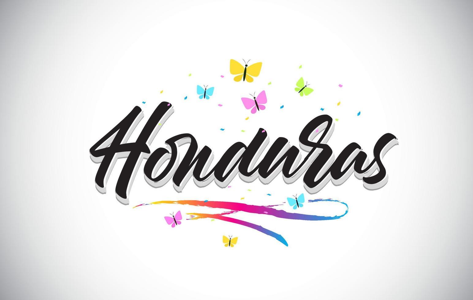 Honduras handgeschriebener Vektorworttext mit Schmetterlingen und buntem Swoosh. vektor