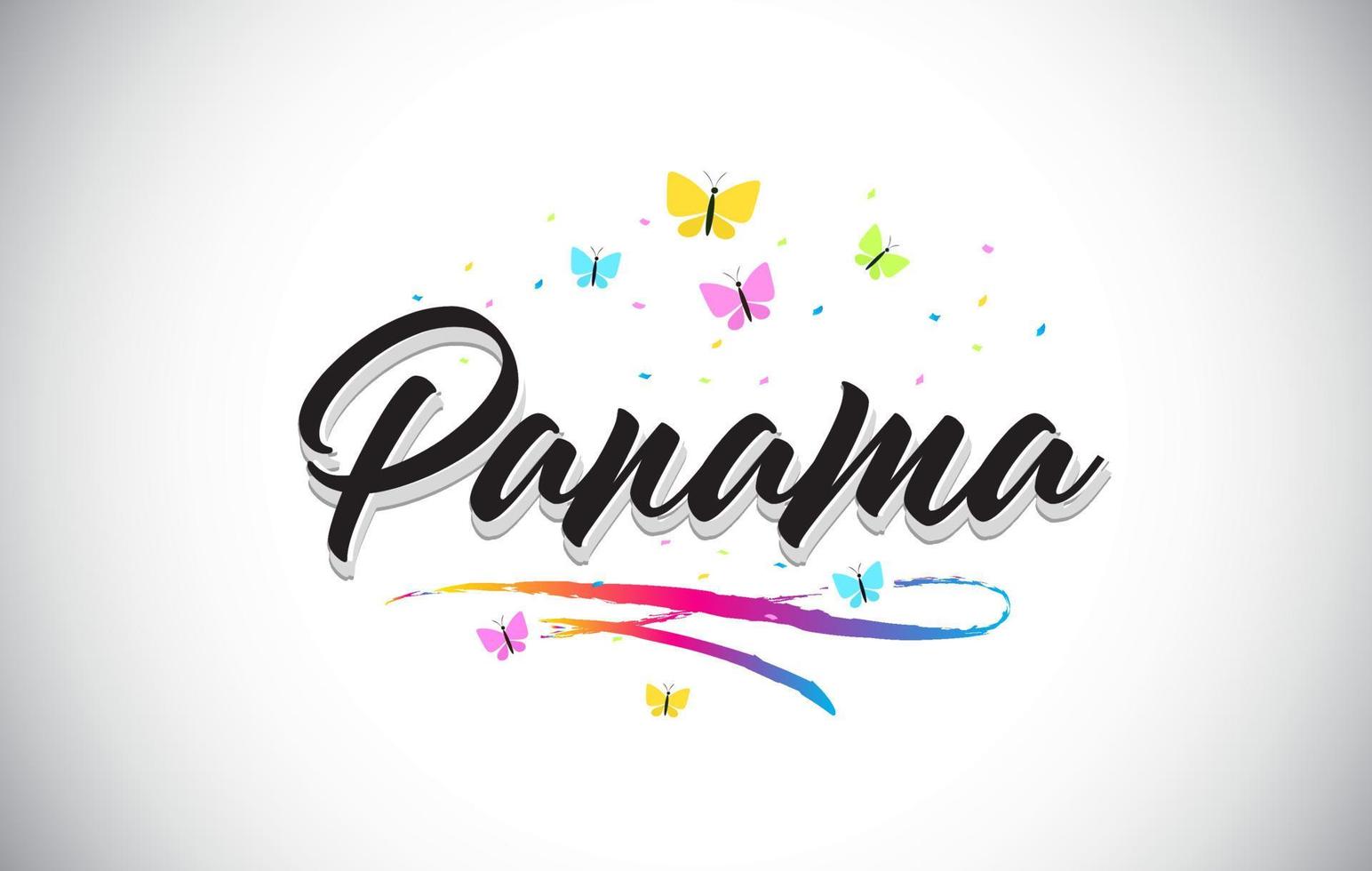 Panama handgeschriebener Vektorworttext mit Schmetterlingen und buntem Swoosh. vektor