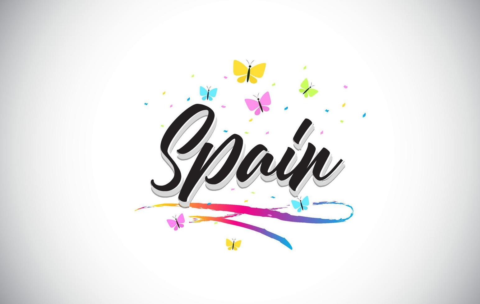 Spanien handgeschriebener Vektorworttext mit Schmetterlingen und buntem Swoosh. vektor