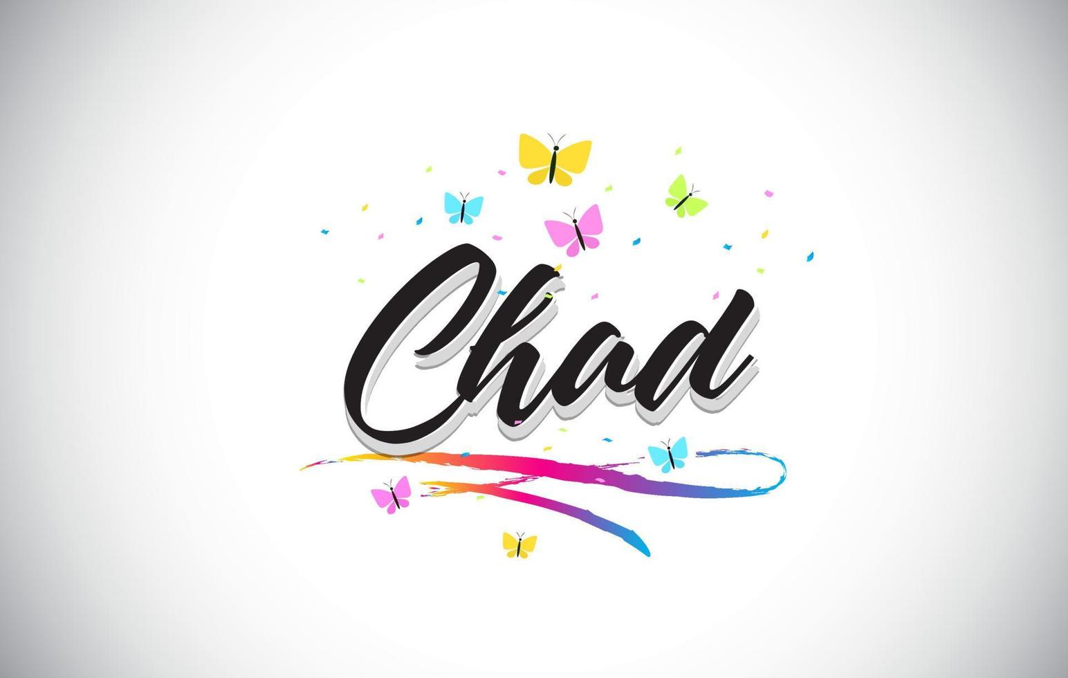 Tschad handgeschriebener Vektorworttext mit Schmetterlingen und buntem Swoosh. vektor