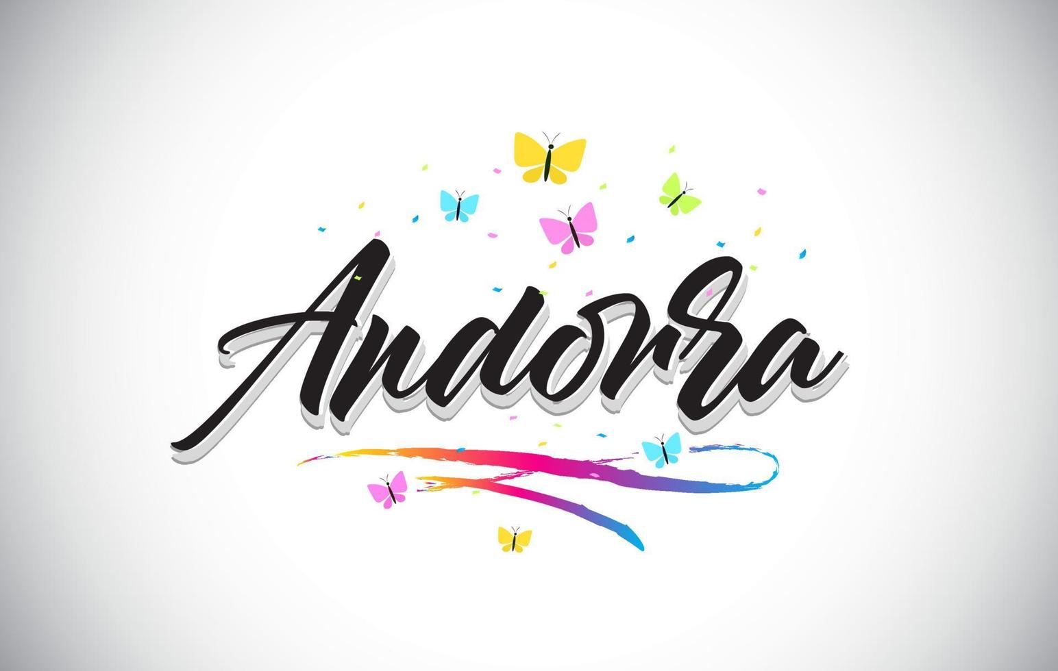 Andorra handgeschriebener Vektorworttext mit Schmetterlingen und buntem Swoosh. vektor