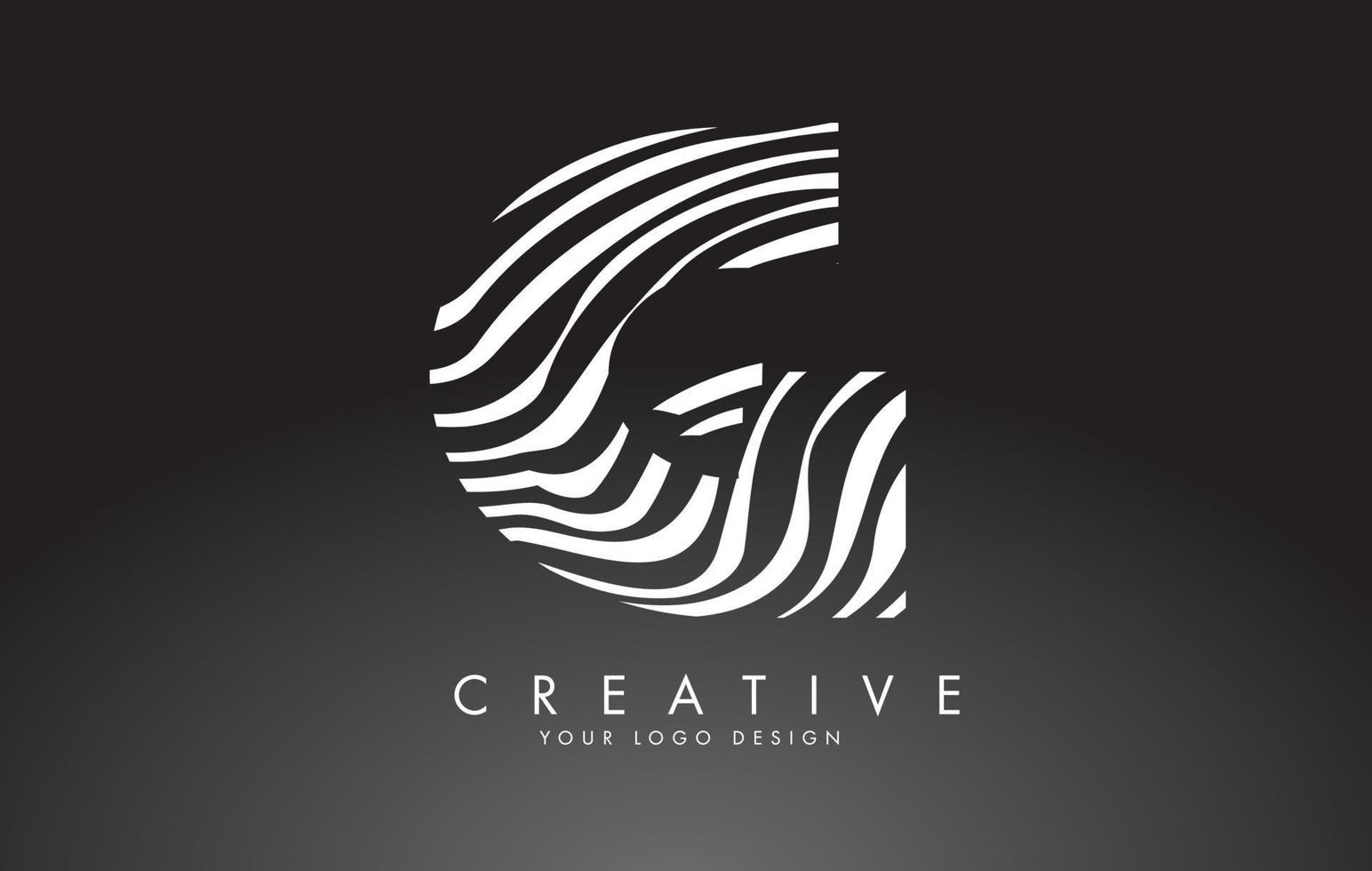 g-Brief-Logo-Design mit Fingerabdruck, schwarz-weißem Holz oder Zebra-Textur auf schwarzem Hintergrund. vektor