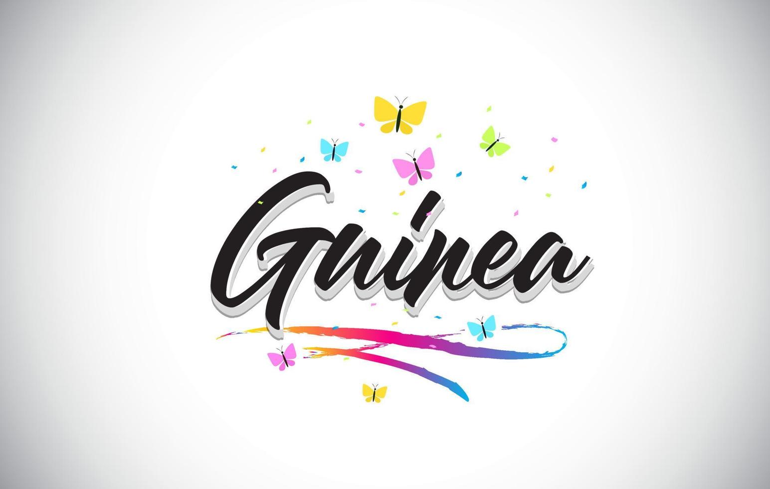 Guinea handskriven vektor ordtext med fjärilar och färgglada swoosh.
