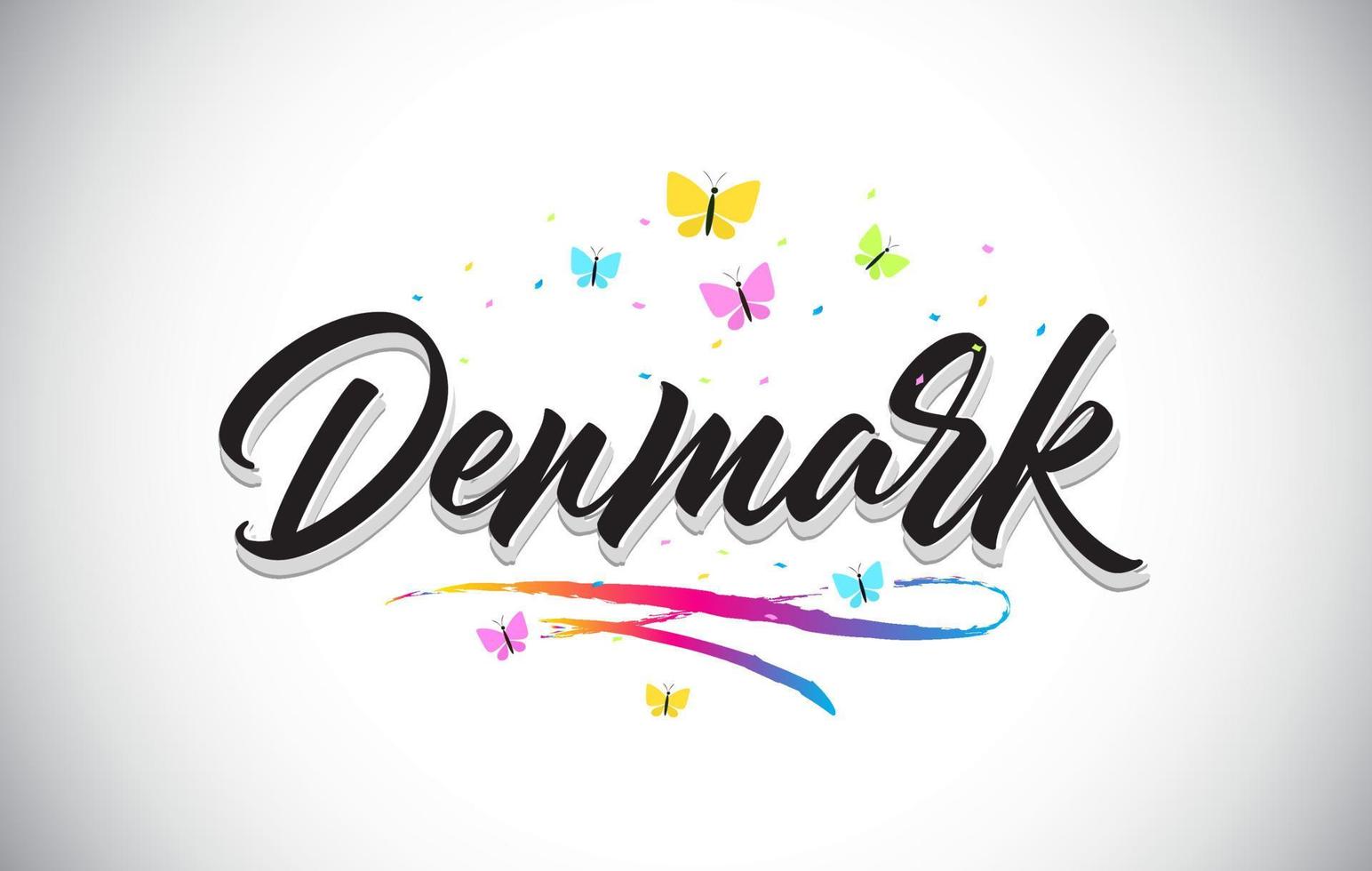Dänemark handgeschriebener Vektorworttext mit Schmetterlingen und buntem Swoosh. vektor