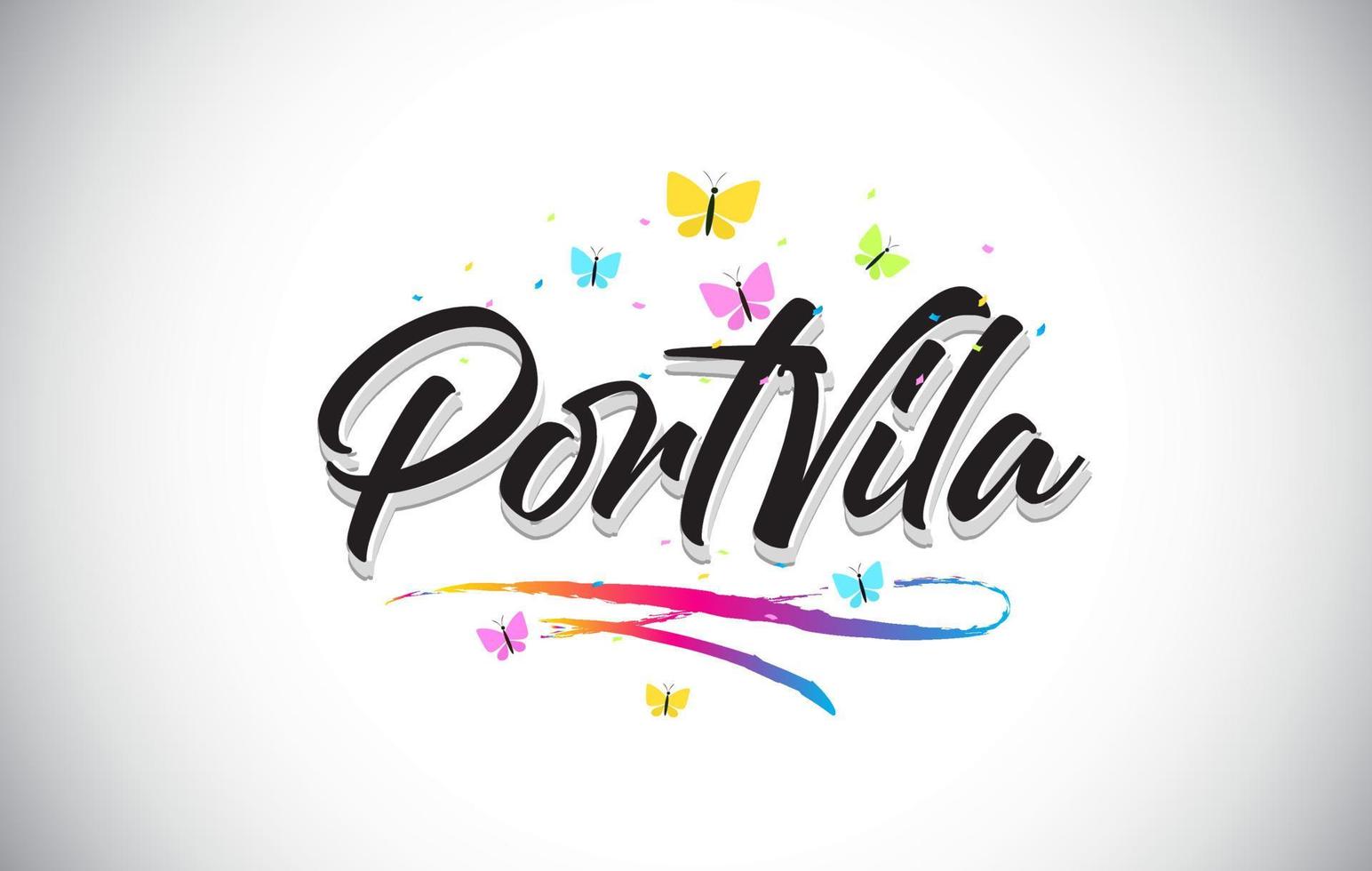 Portvila handgeschriebener Vektorworttext mit Schmetterlingen und buntem Swoosh. vektor