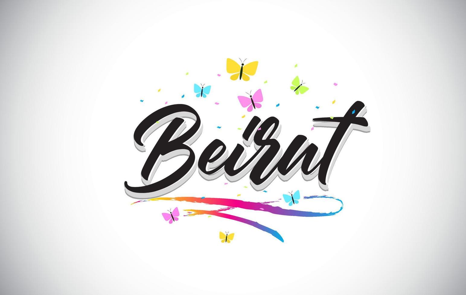 Beirut handgeschriebener Vektorworttext mit Schmetterlingen und buntem Swoosh. vektor