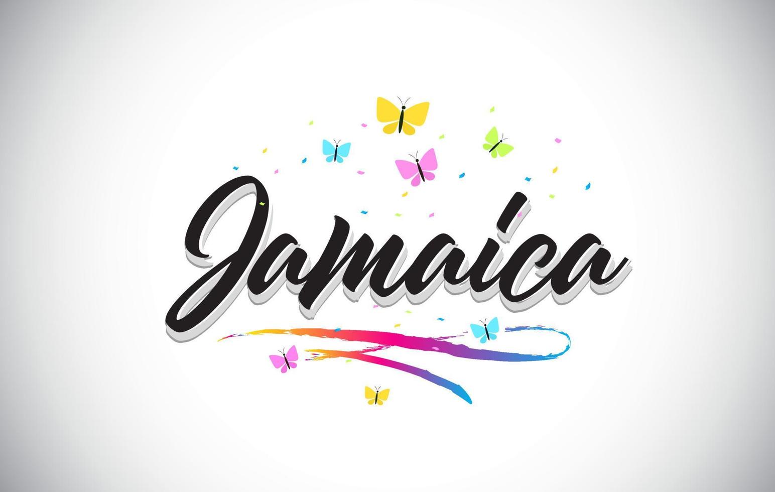 Jamaika handgeschriebener Vektorworttext mit Schmetterlingen und buntem Swoosh. vektor