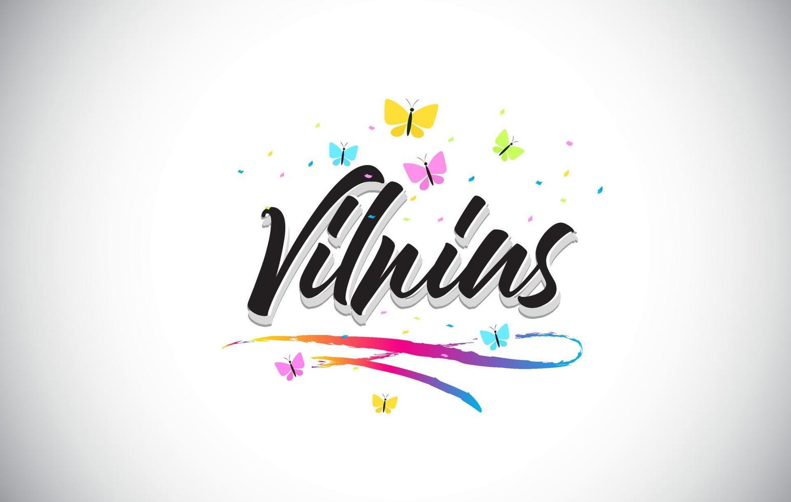 vilnius handskriven vektorordtext med fjärilar och färgglada swoosh. vektor