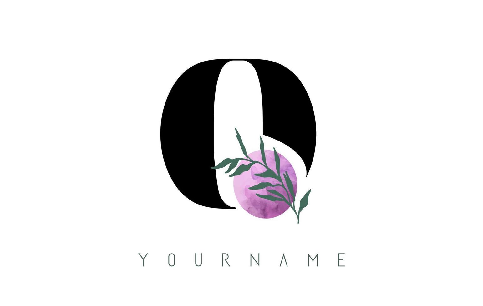 q-Brief-Logo-Design mit rosa Kreis und grünen Blättern. Vektorillustration mit botanischen Elementen. Naturvektor-Vorlagen-Design-Konzept mit q-Buchstaben. vektor