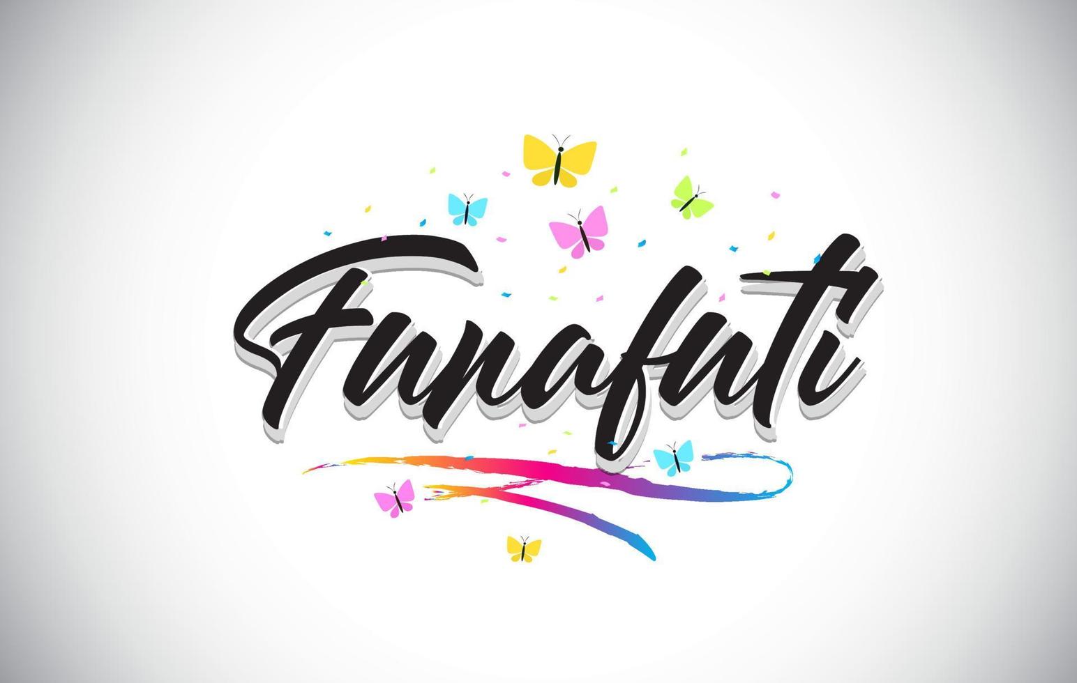 funafuti handskriven vektor ordtext med fjärilar och färgglada swoosh.