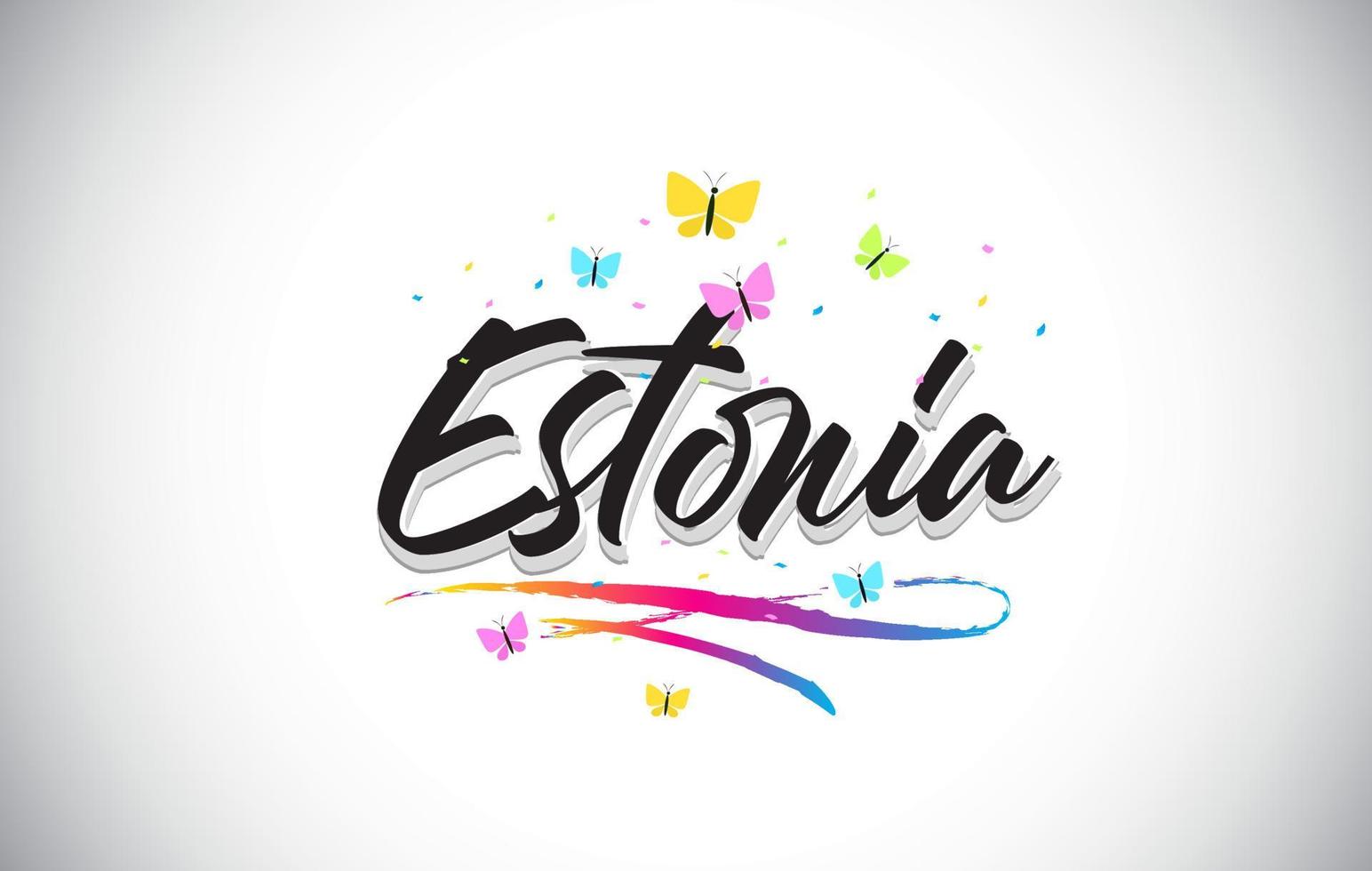 Estland handgeschriebener Vektorworttext mit Schmetterlingen und buntem Swoosh. vektor
