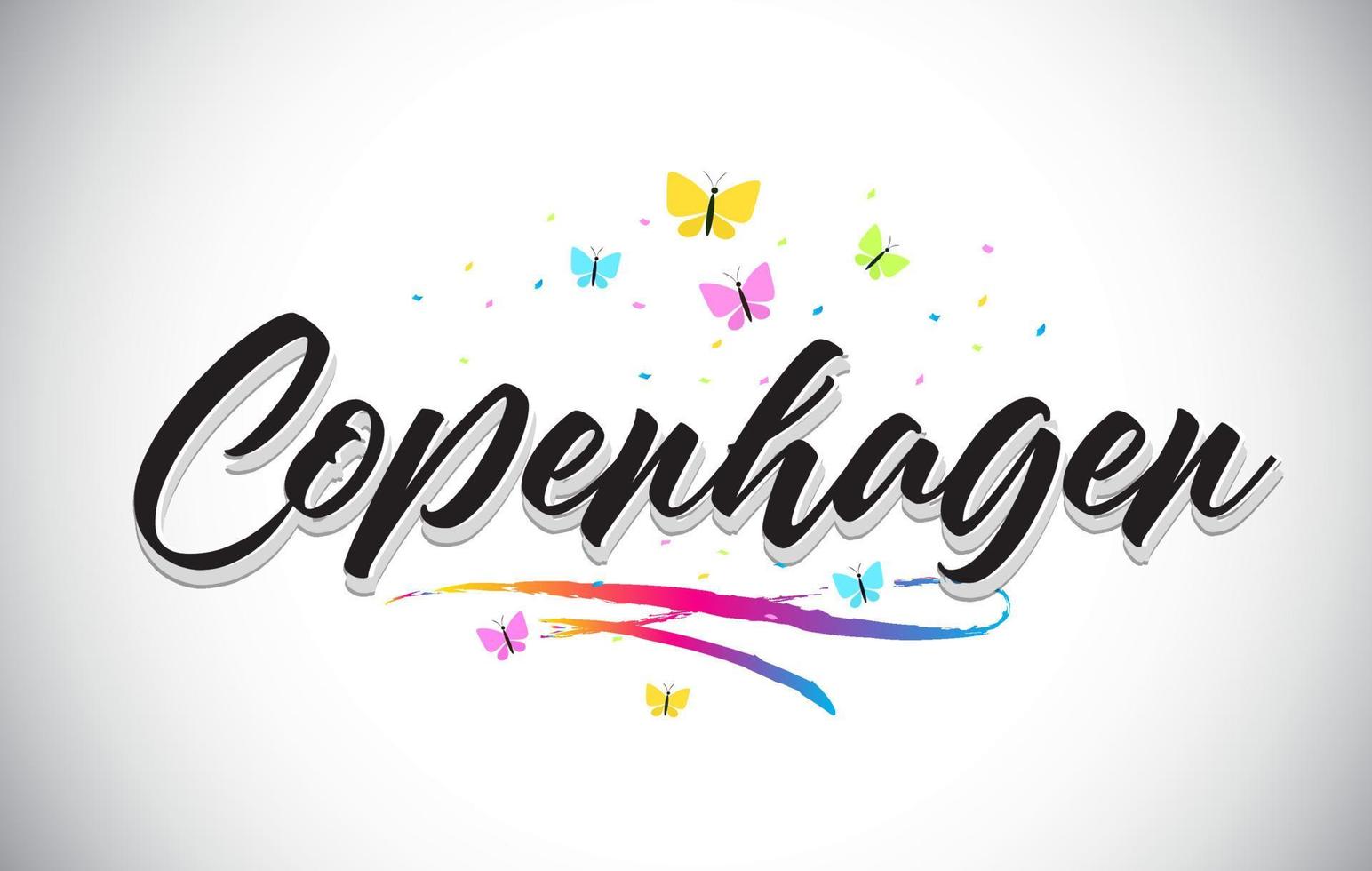 köpenhamn handskriven vektor ordtext med fjärilar och färgglada swoosh.