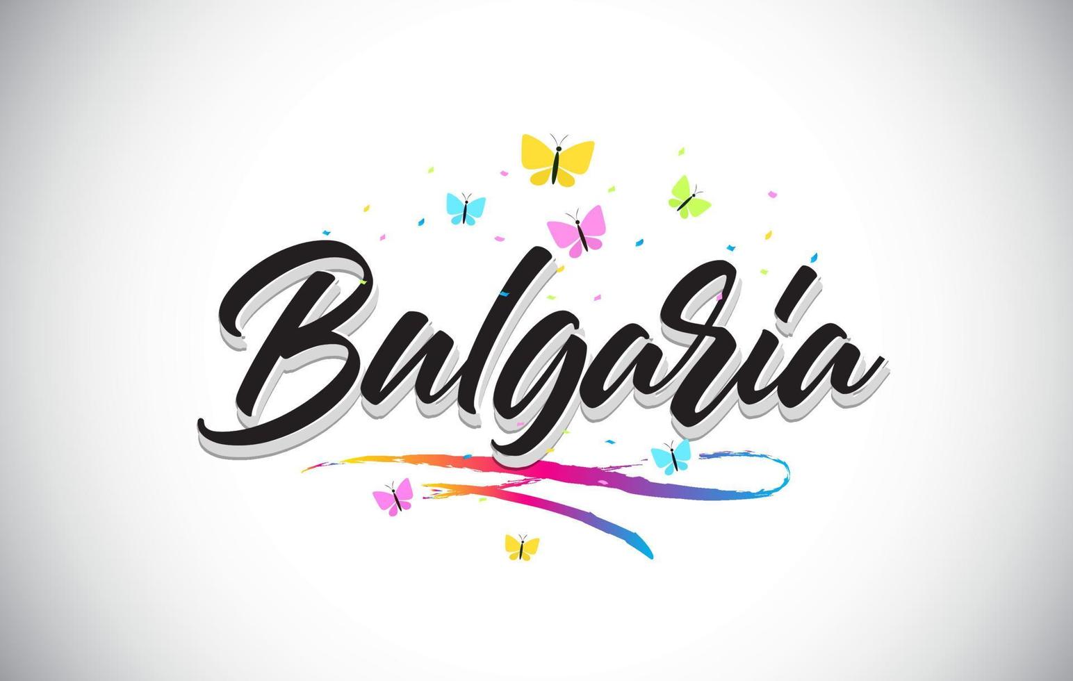 Bulgarien handgeschriebener Vektorworttext mit Schmetterlingen und buntem Swoosh. vektor