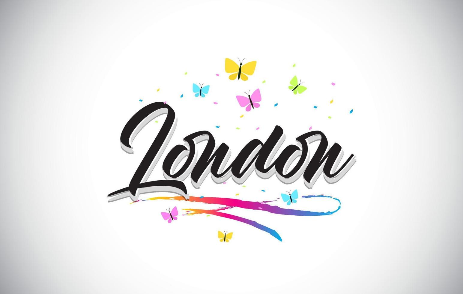 London handskriven vektor ordtext med fjärilar och färgglada swoosh.