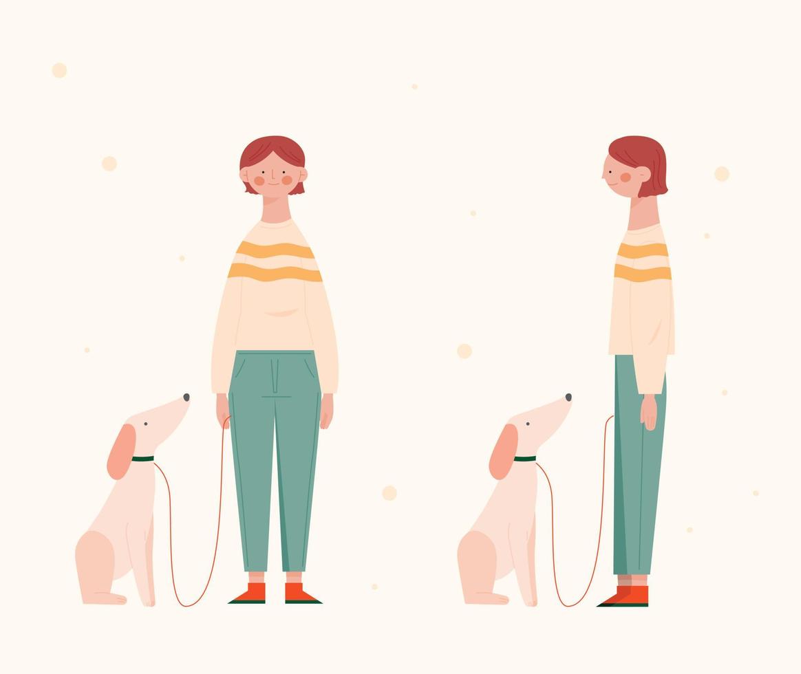 eine frau steht mit ihrem hund. Illustrationen in warmen Farben. vektor